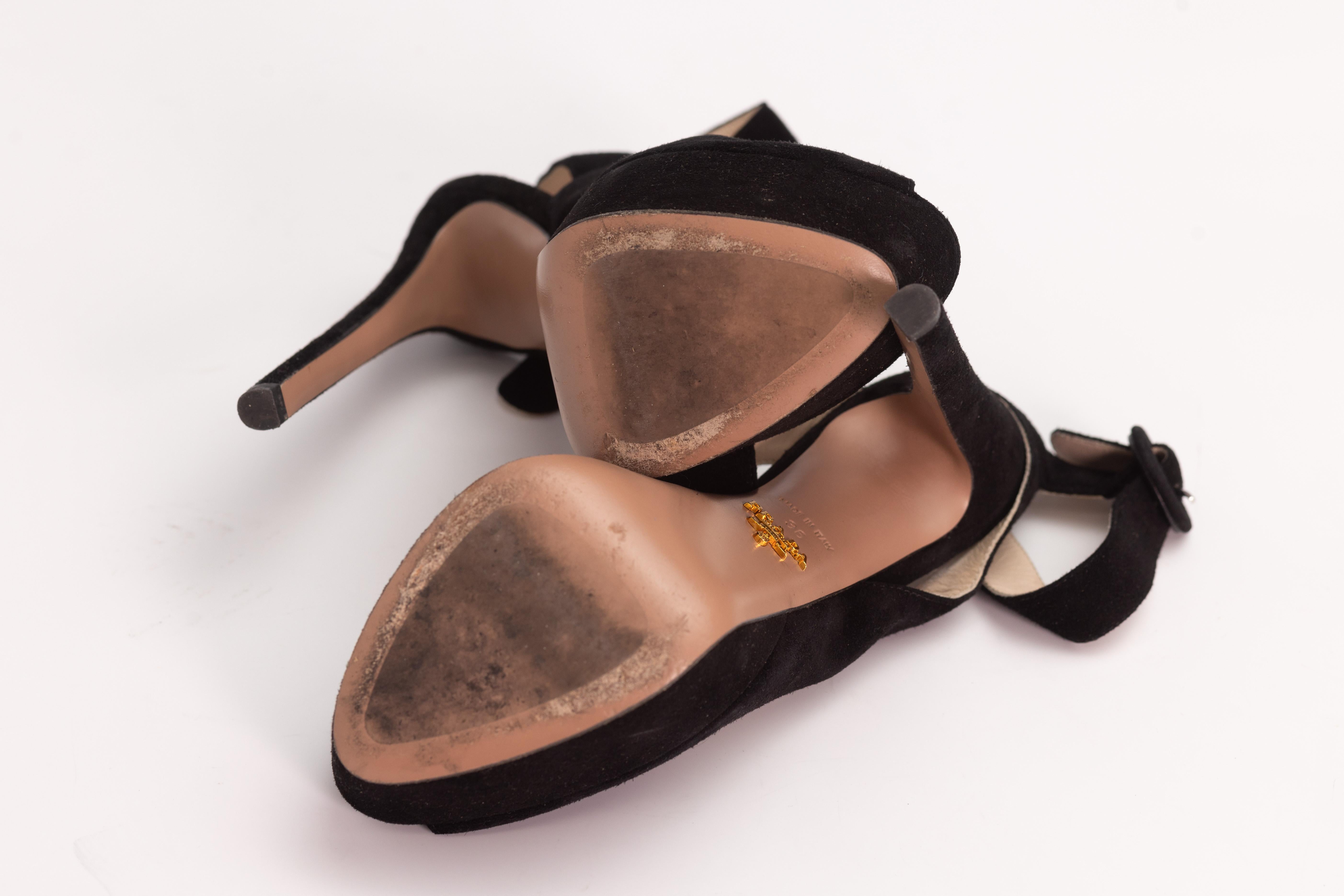 Prada Pumps Black Suede Platform Ankle Strap Peep Toe Heels (EU 36) For Sale 2