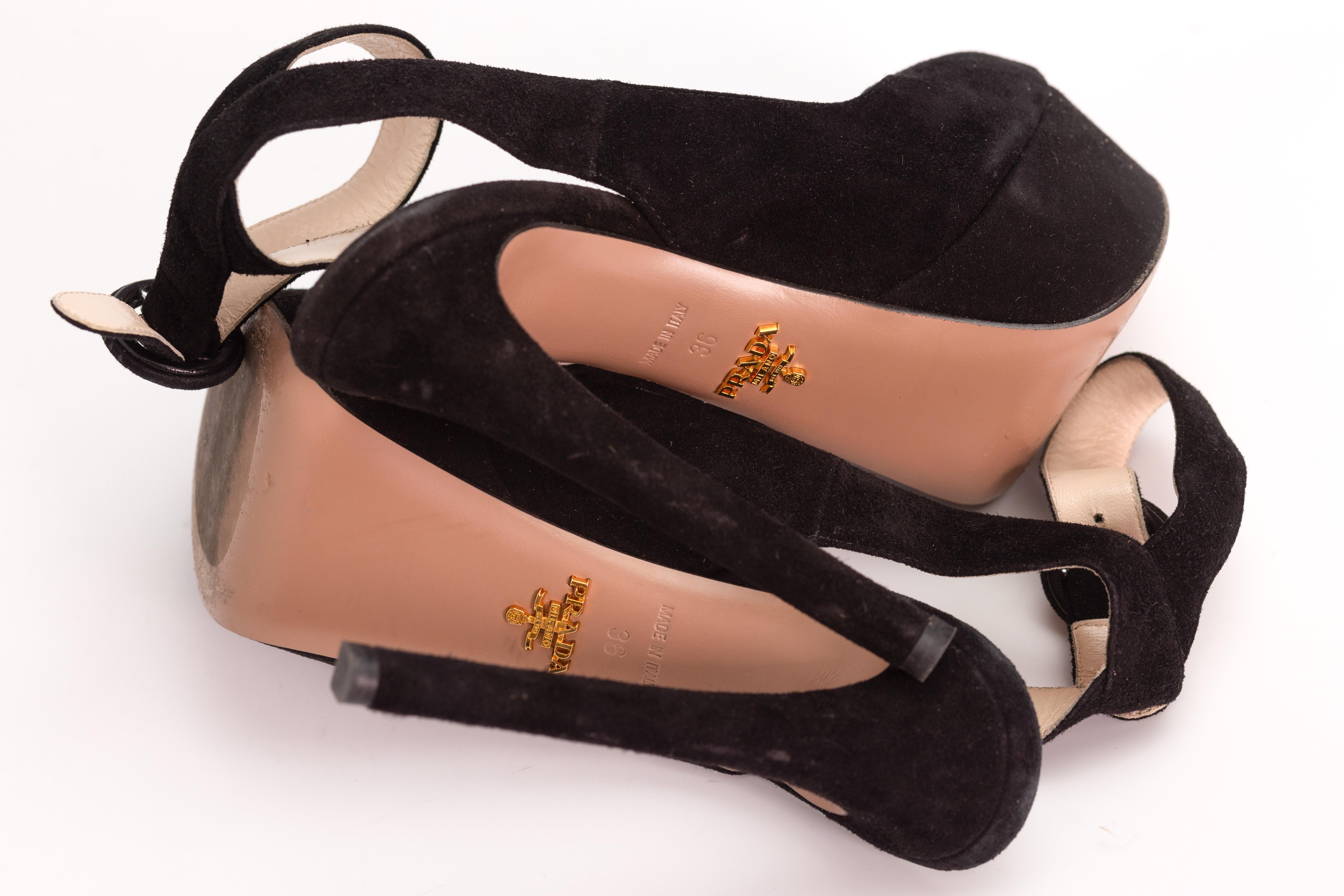 Prada Pumps Black Suede Platform Ankle Strap Peep Toe Heels (EU 36) For Sale 3