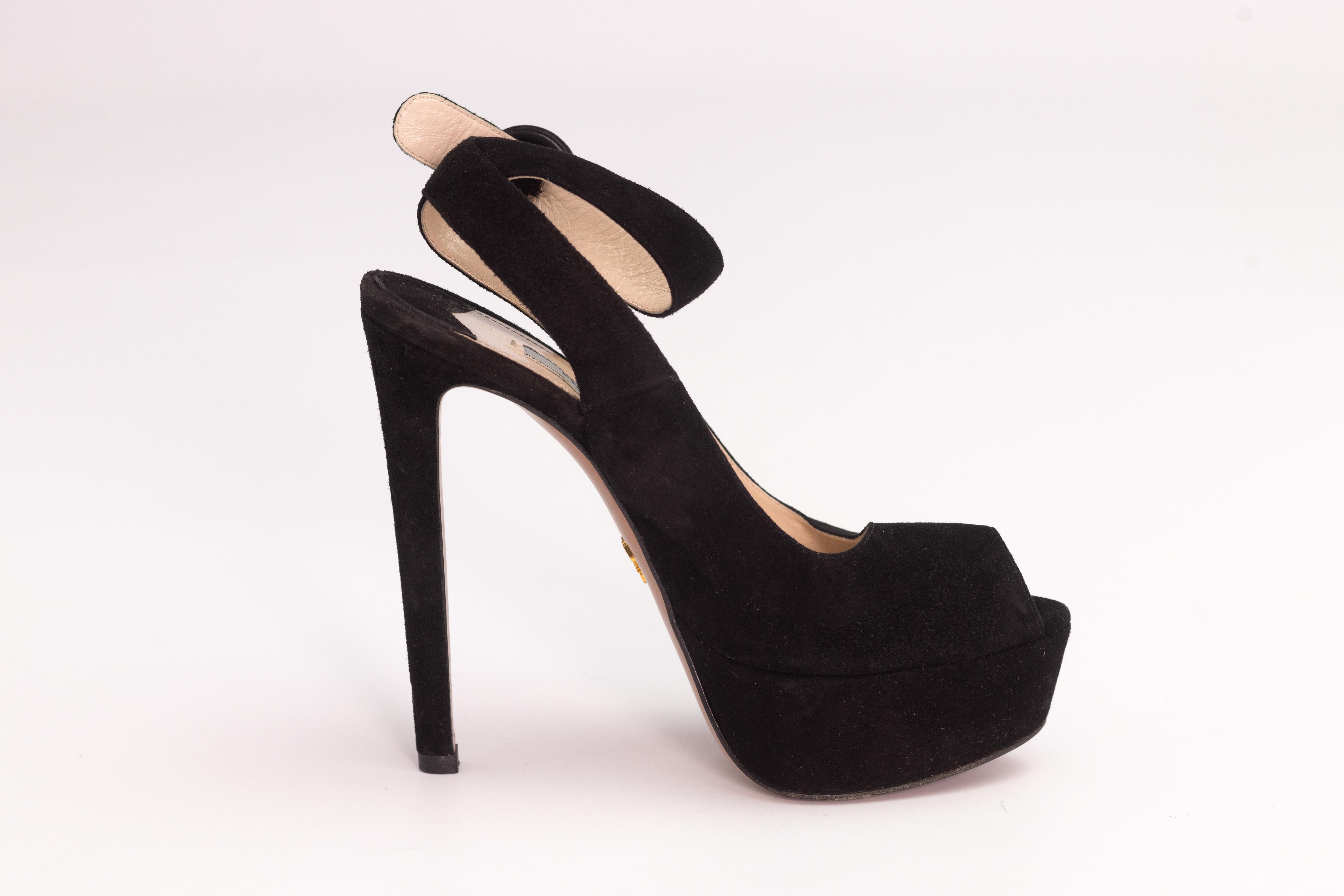 Prada Pumps Black Suede Platform Ankle Strap Peep Toe Heels (EU 36) For Sale 4