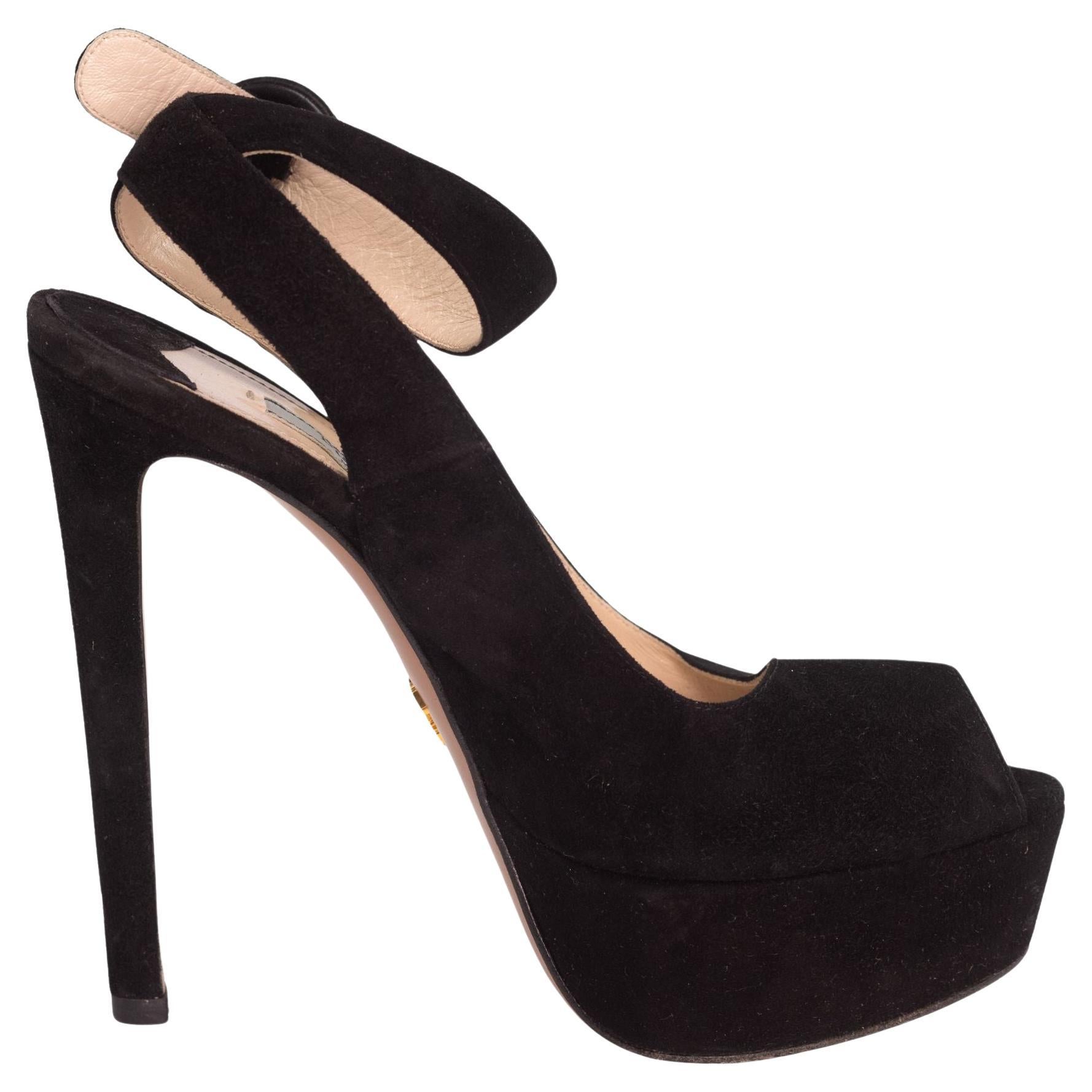 Prada Pumps Black Suede Platform Ankle Strap Peep Toe Heels (EU 36) For Sale