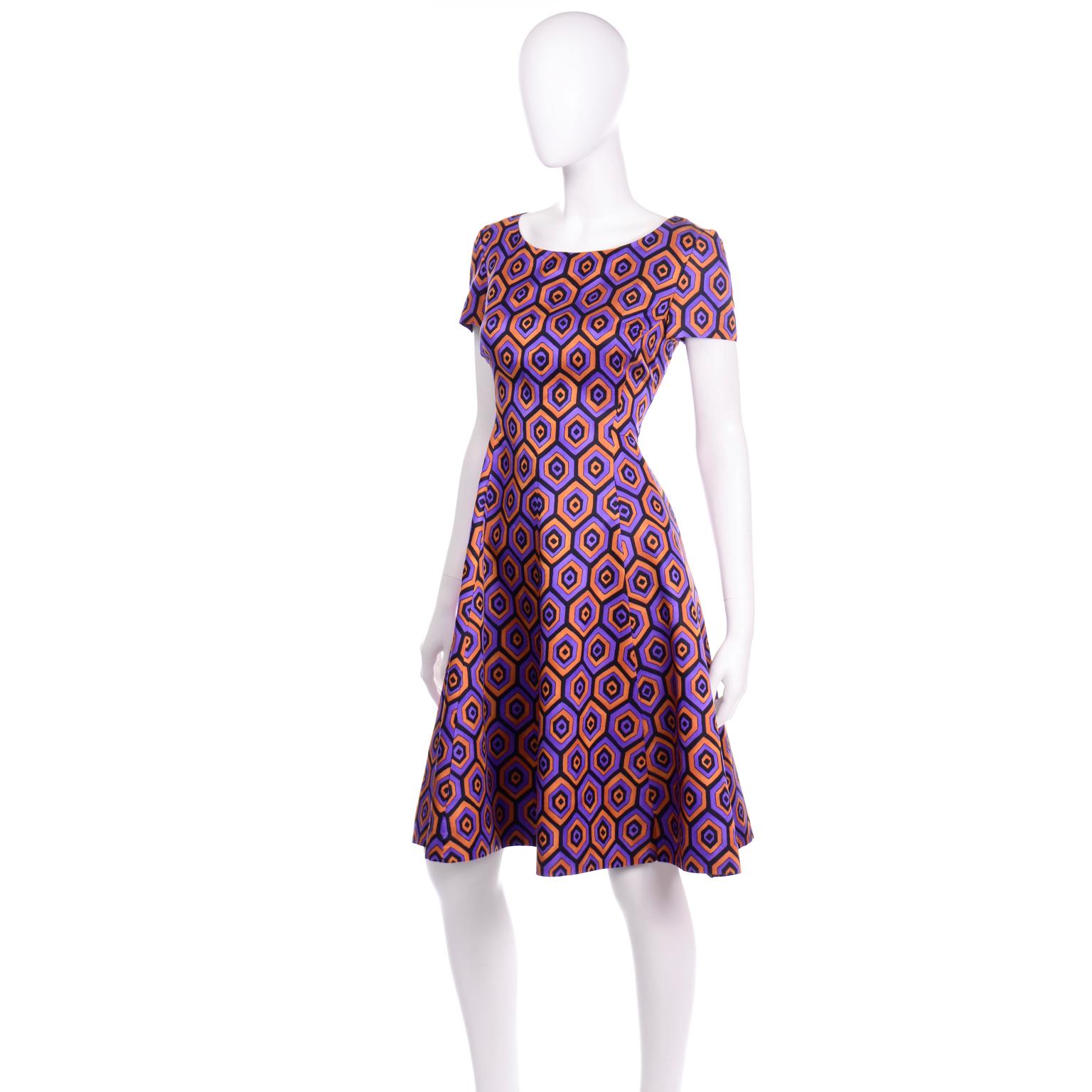 Prada Purple and Orange Abstract Geometric Print Silk Blend Dress In Excellent Condition In Portland, OR