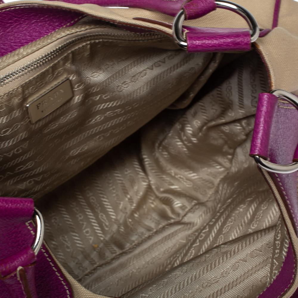Prada Purple/Beige Canvas and Leather Buckle Flap Shoulder Bag 4