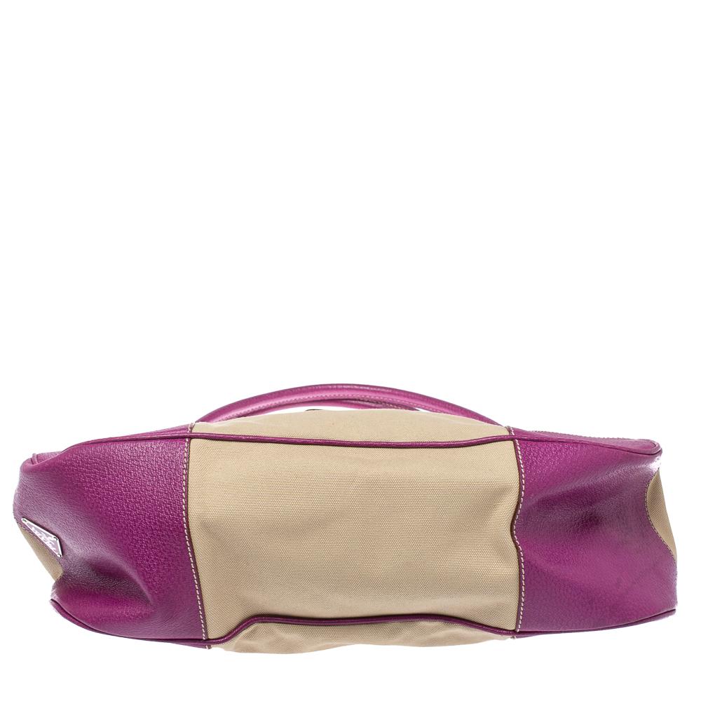 Prada Purple/Beige Canvas and Leather Buckle Flap Shoulder Bag In Good Condition In Dubai, Al Qouz 2