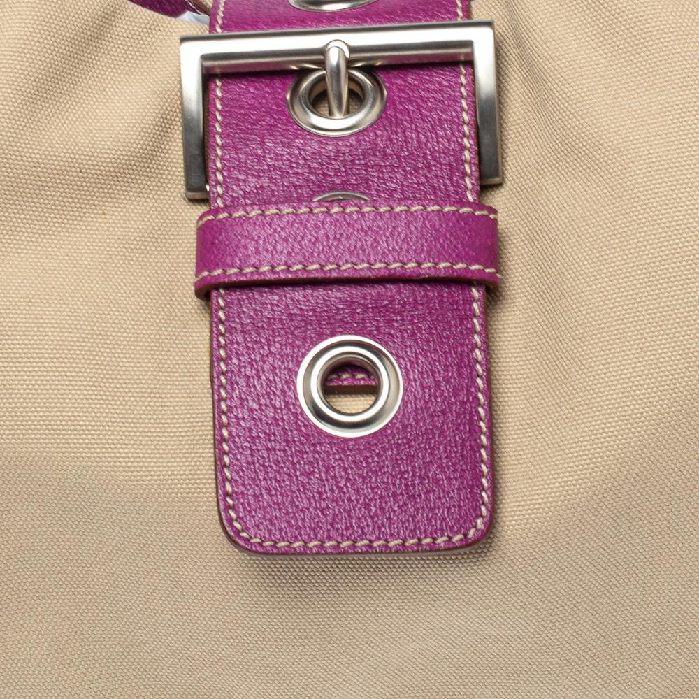 Women's Prada Purple/Beige Canvas and Leather Buckle Flap Shoulder Bag