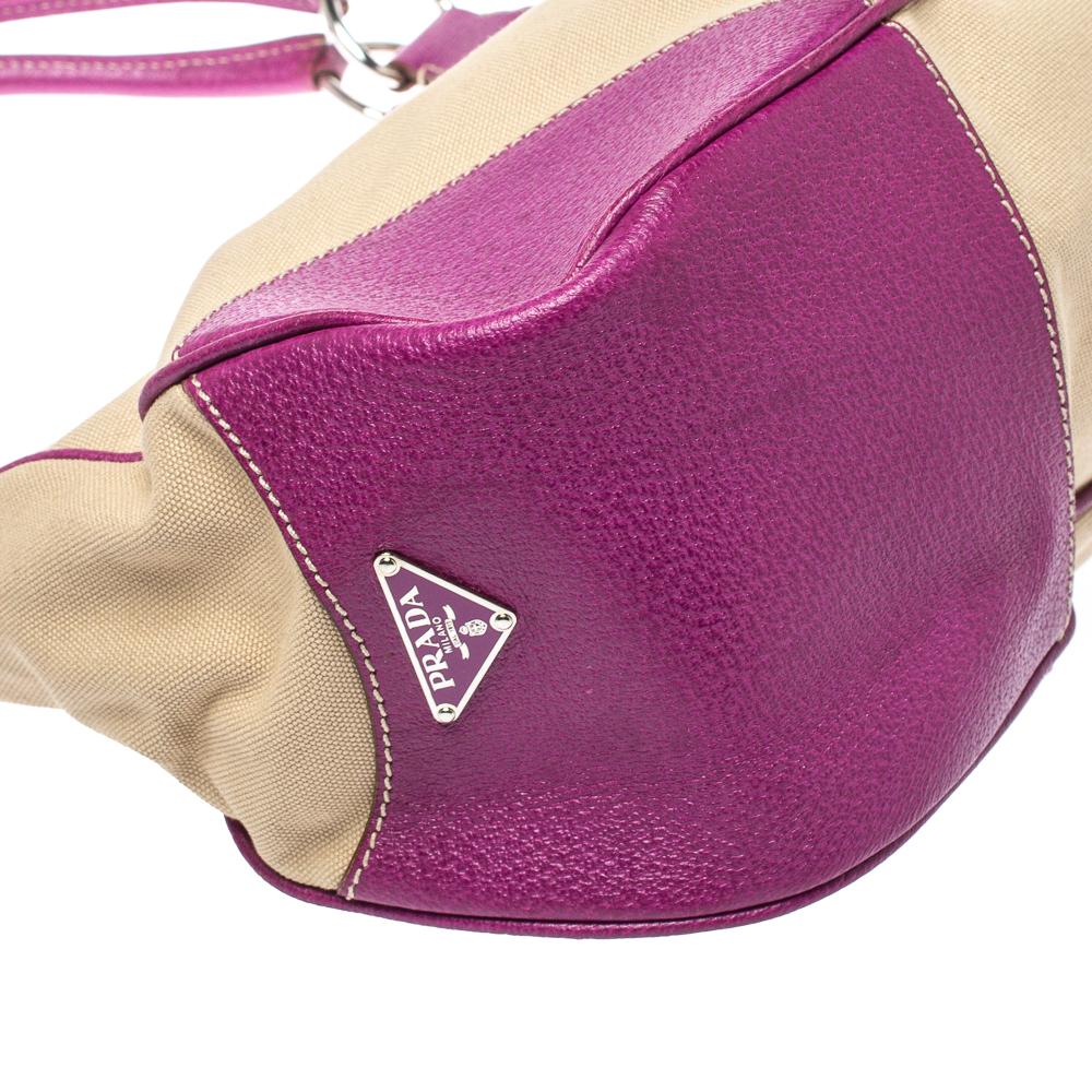 Prada Purple/Beige Canvas and Leather Buckle Flap Shoulder Bag 3