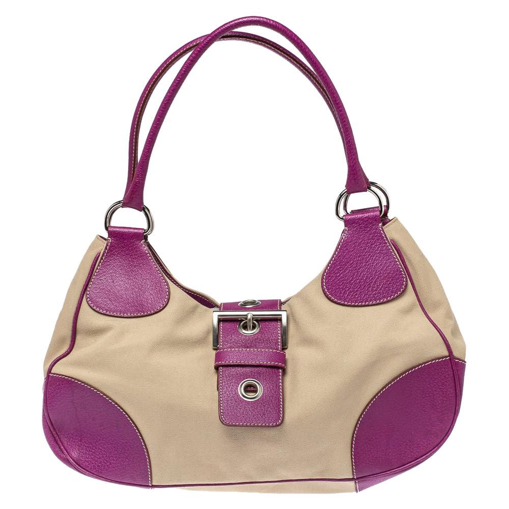Prada Purple/Beige Canvas and Leather Buckle Flap Shoulder Bag