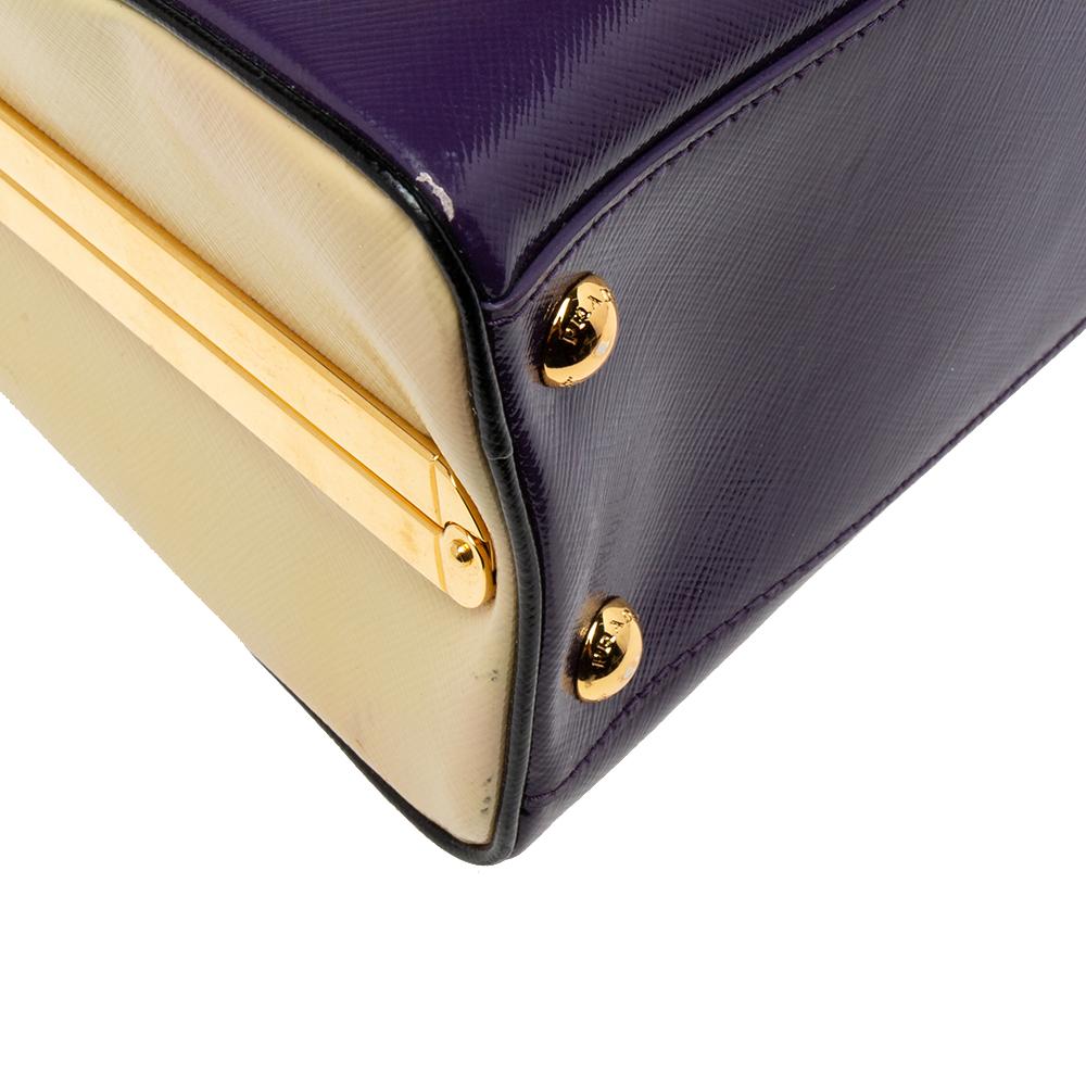 Prada Purple/Beige Patent Saffiano Vernice Leather Pyramid Frame Satchel 4