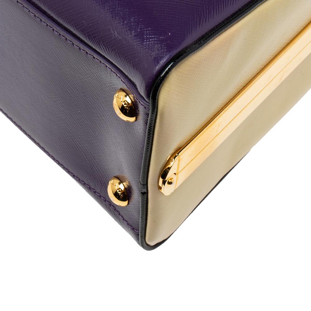 Prada Purple/Beige Patent Saffiano Vernice Leather Pyramid Frame Satchel 5