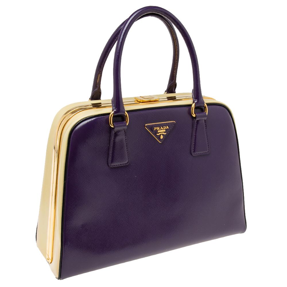 Black Prada Purple/Beige Patent Saffiano Vernice Leather Pyramid Frame Satchel