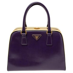 Prada Purple/Beige Patent Saffiano Vernice Leather Pyramid Frame Satchel