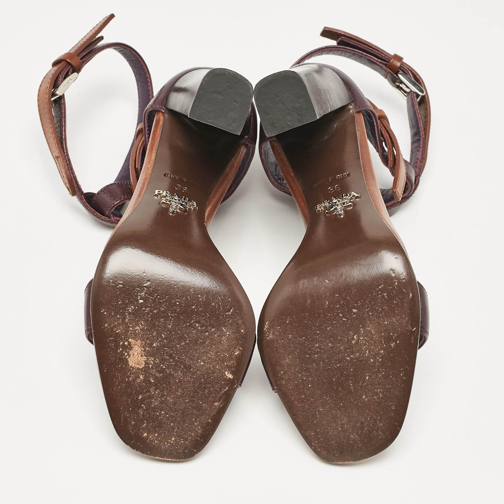 Prada Purple/Brown Leather Ankle Strap Sandals Size 36 For Sale 2