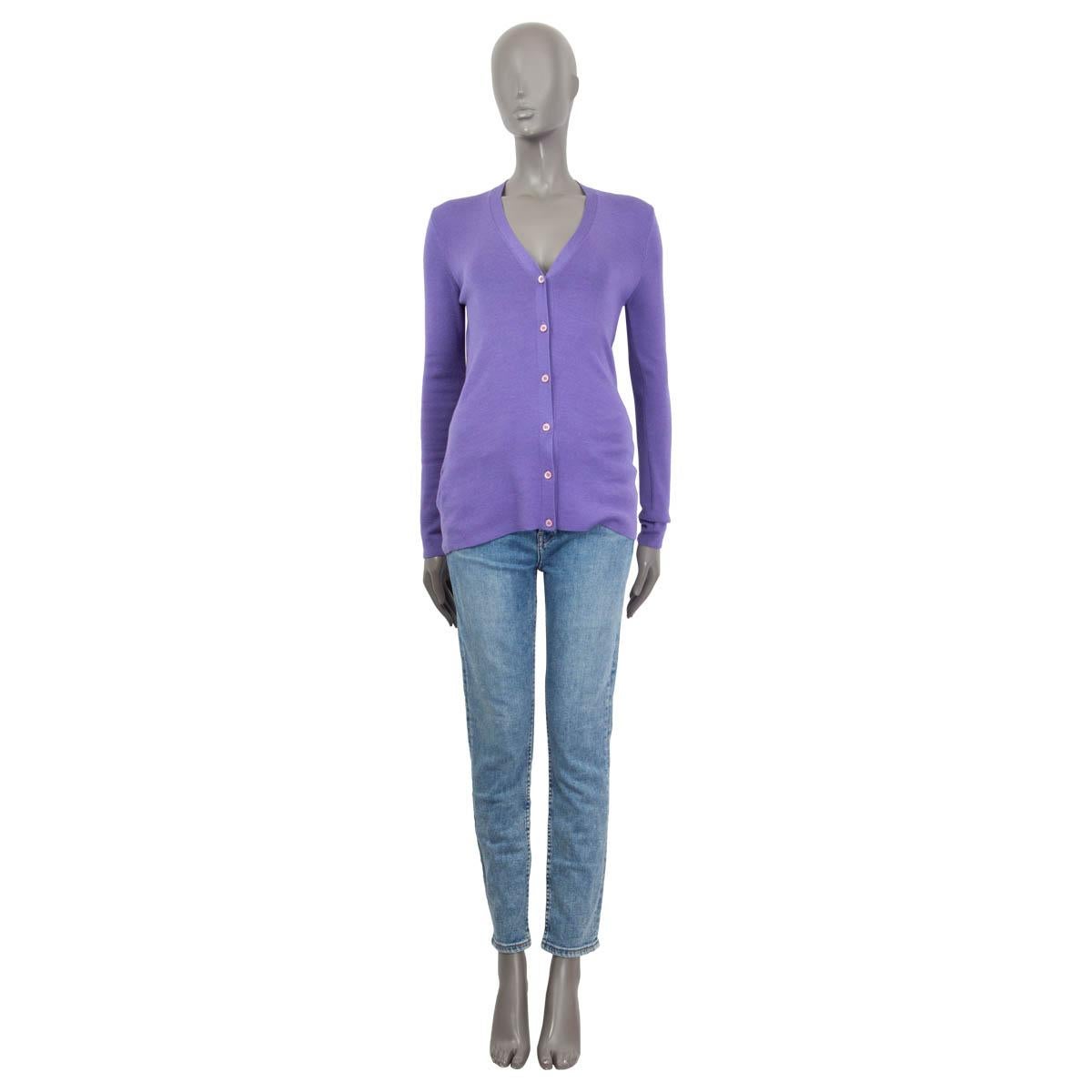 100% authentic Prada cardigan in light purple cashmere (70%) and silk (30%). Comes with a v-neck and opens with five pink buttons on the front. Unlined. Has been worn and is in excellent condition. 

Measurements
Tag Size	44
Size	L
Shoulder