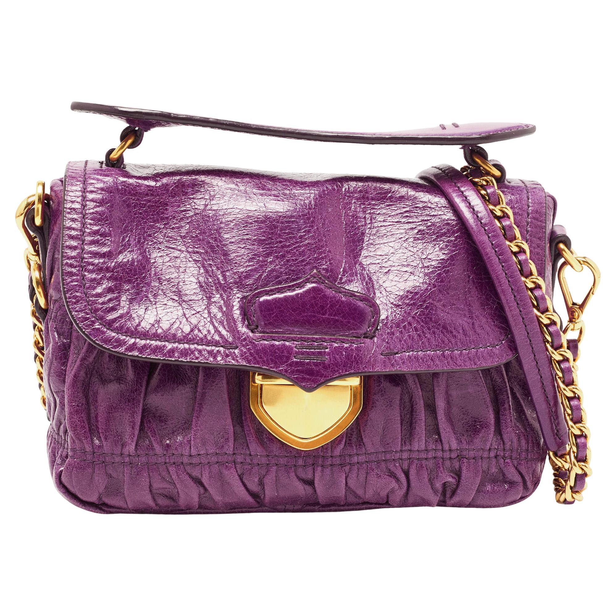 Prada Purple Matelasse Leather Pushlock Flap Top Handle Bag