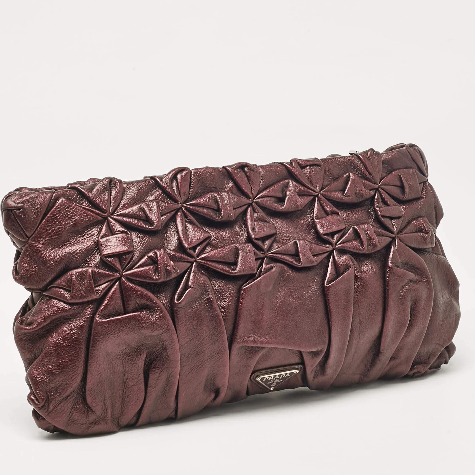 Black Prada Purple Mirtillo Pleated Leather Clutch