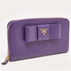 Prada Purple Saffiano Leather Bow Zip Around Wallet