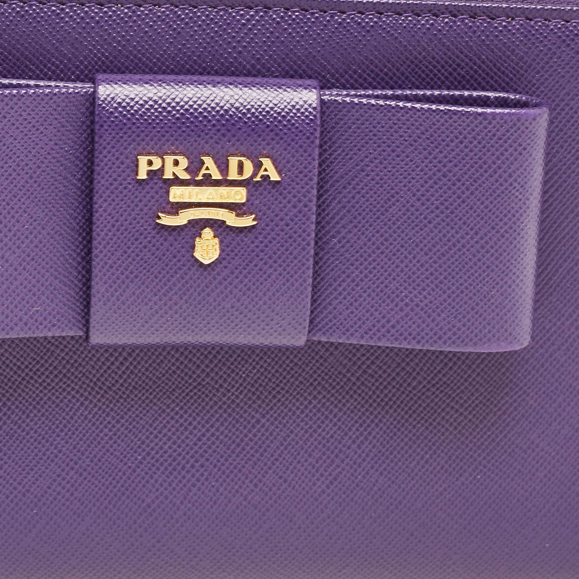 Prada Purple Saffiano Leather Bow Zip Around Wallet For Sale 2