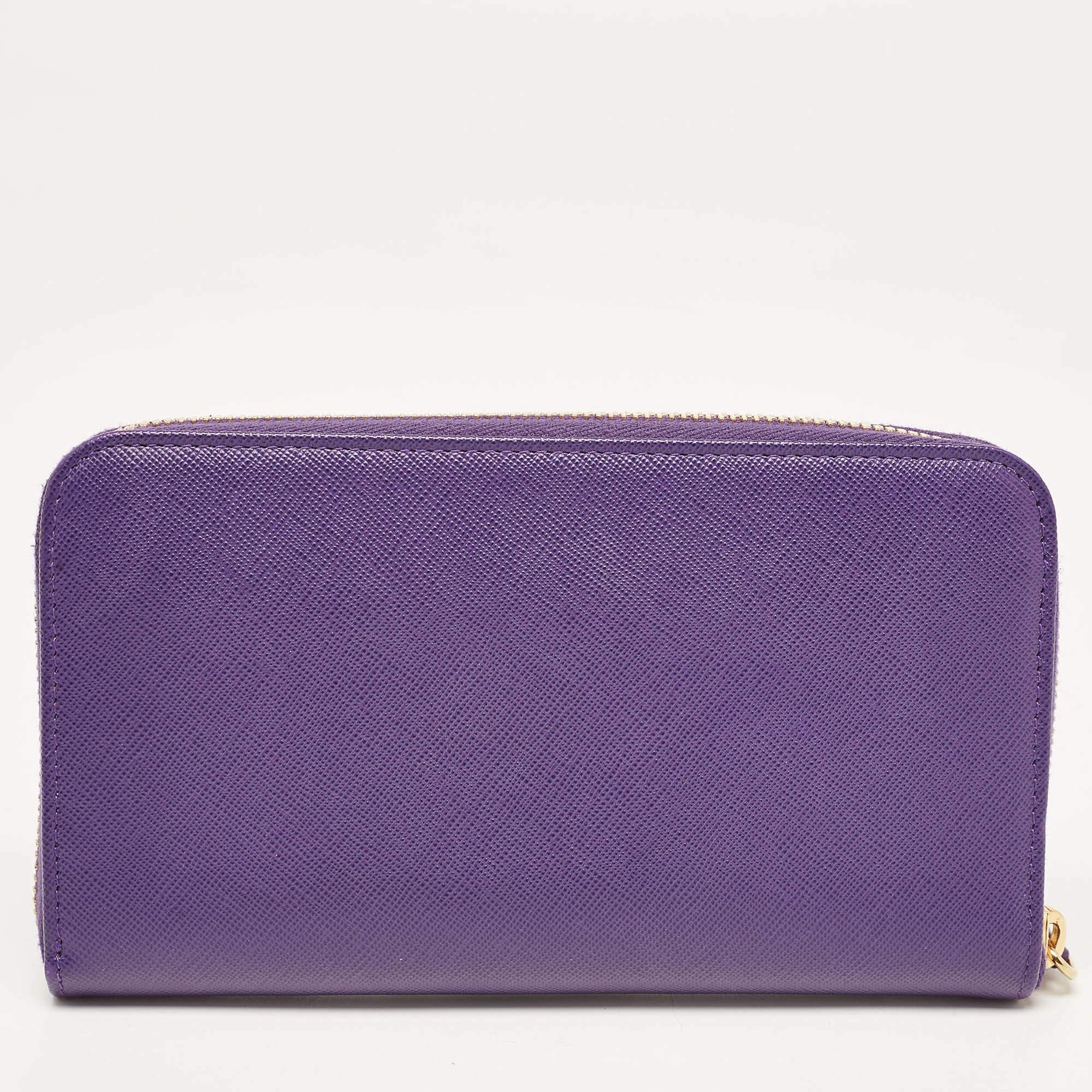 Prada Purple Saffiano Leather Bow Zip Around Wallet For Sale 3