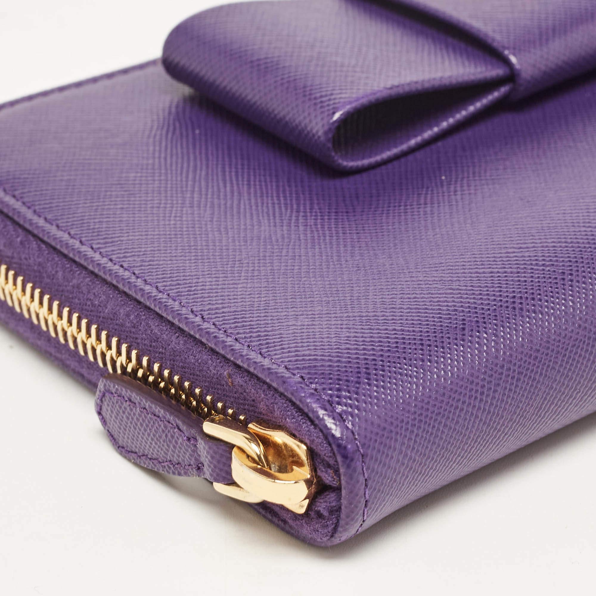 Prada Purple Saffiano Leather Bow Zip Around Wallet For Sale 4