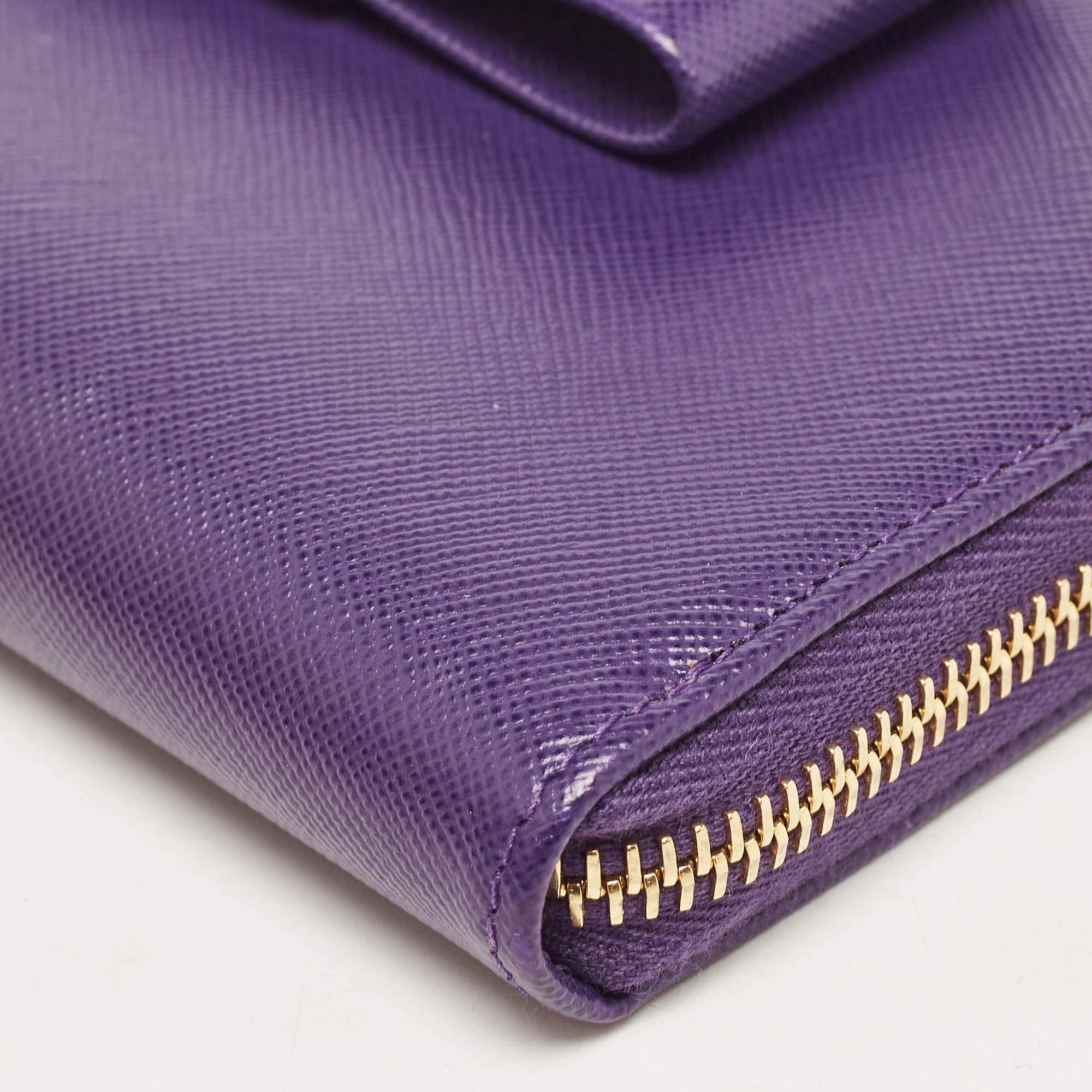 Prada Purple Saffiano Leather Bow Zip Around Wallet For Sale 5
