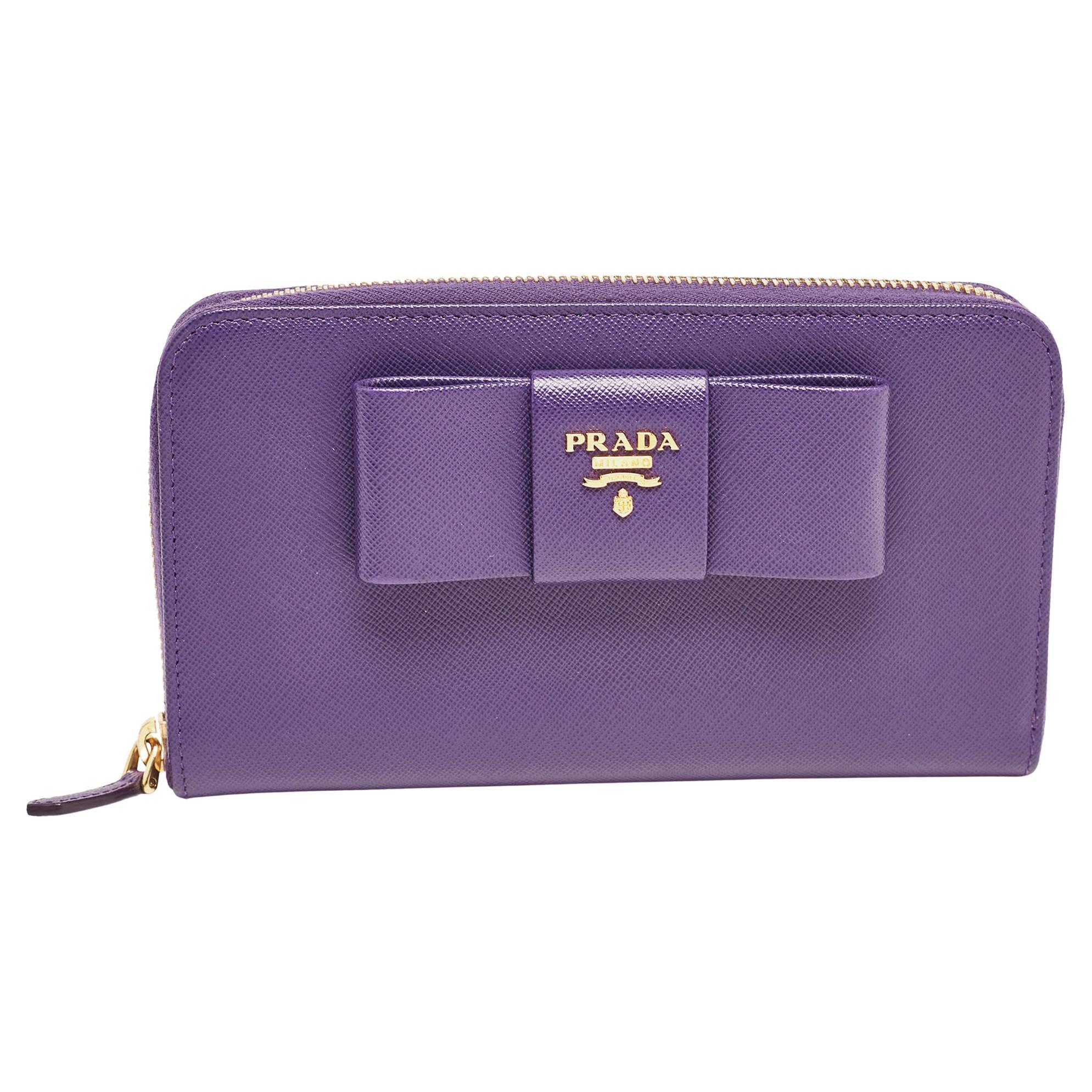 Prada Purple Saffiano Leather Bow Zip Around Wallet For Sale