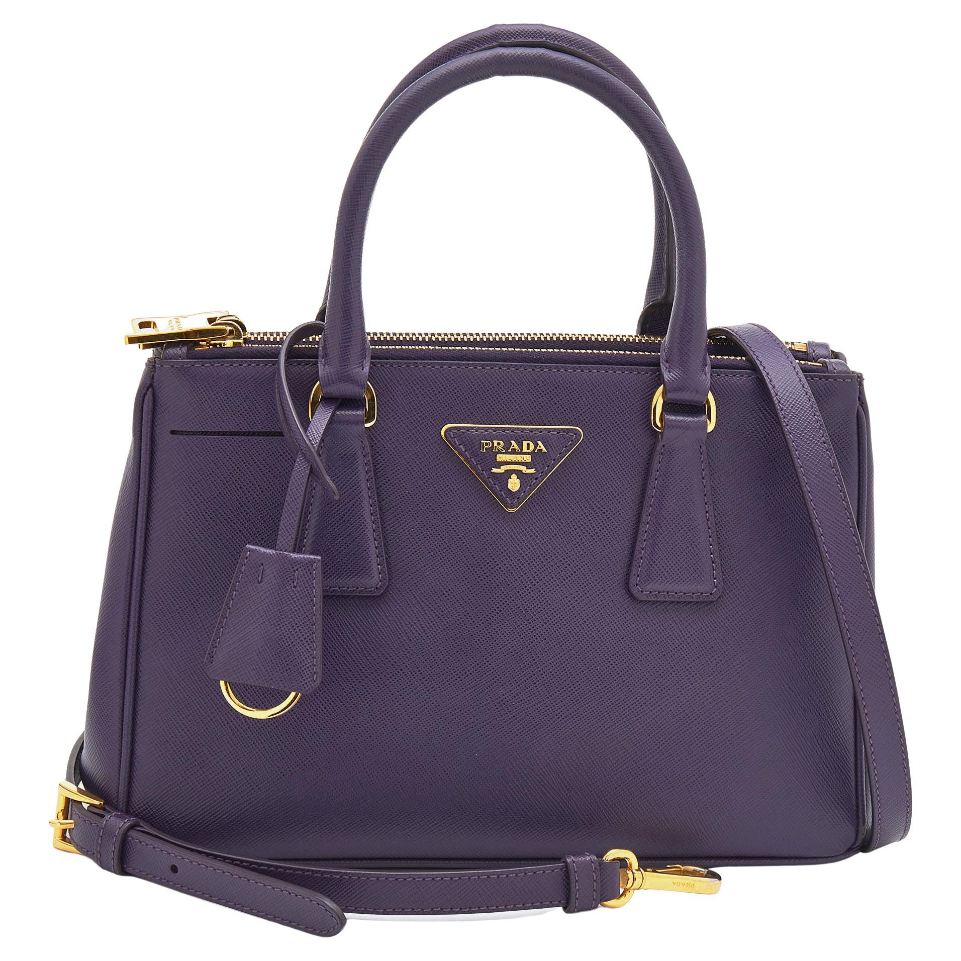 Prada Purple Saffiano Leather Small Galleria Double Zip Tote For Sale 