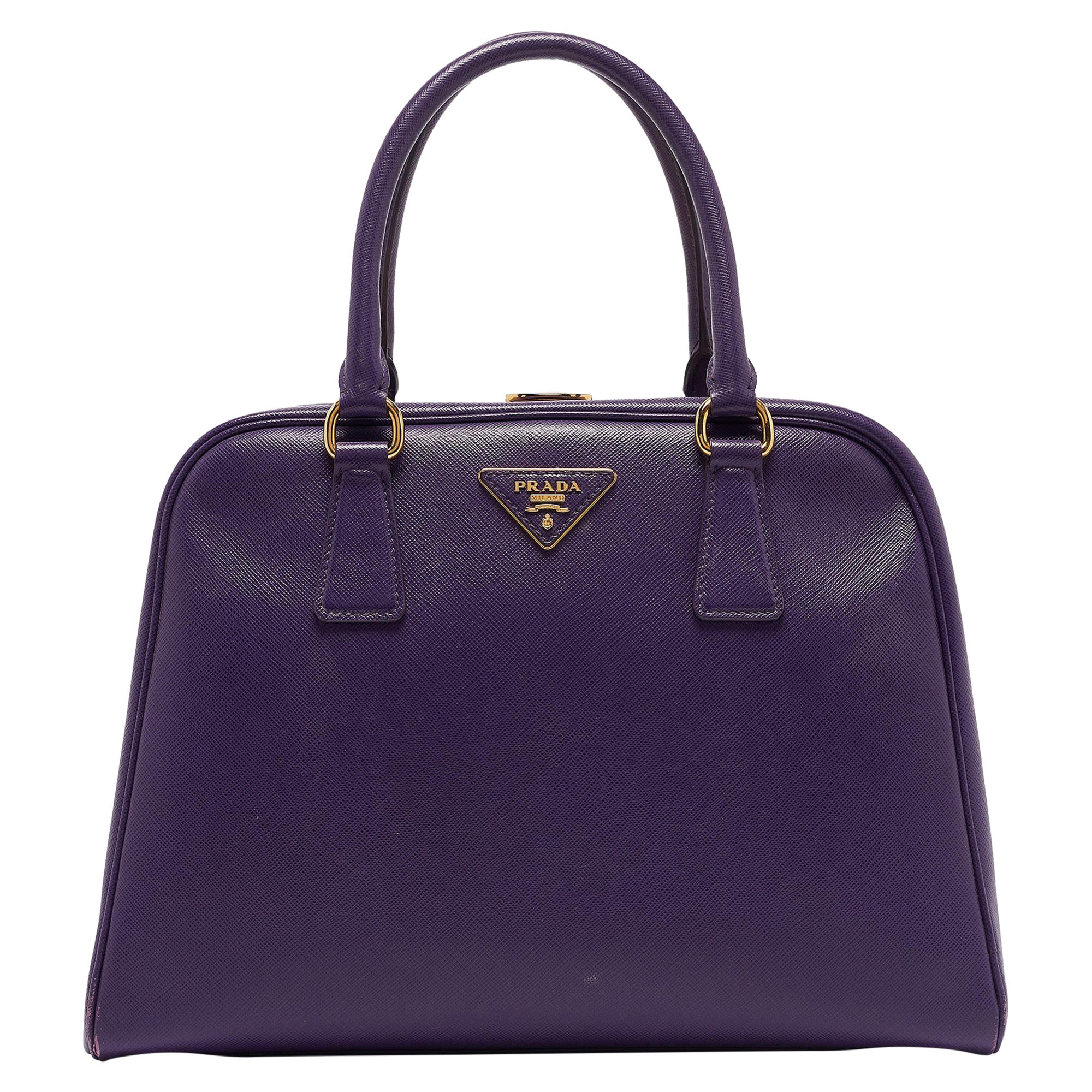 Prada Purple Saffiano Lux Leather Pyramid Frame Satchel