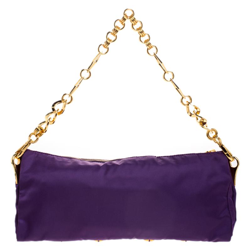 Black Prada Purple Satin Jeweled Chain Clutch