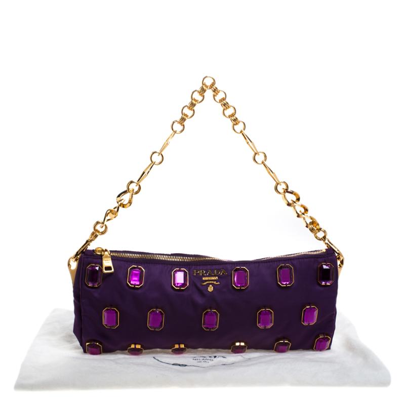 Prada Purple Satin Jeweled Chain Clutch In Good Condition In Dubai, Al Qouz 2