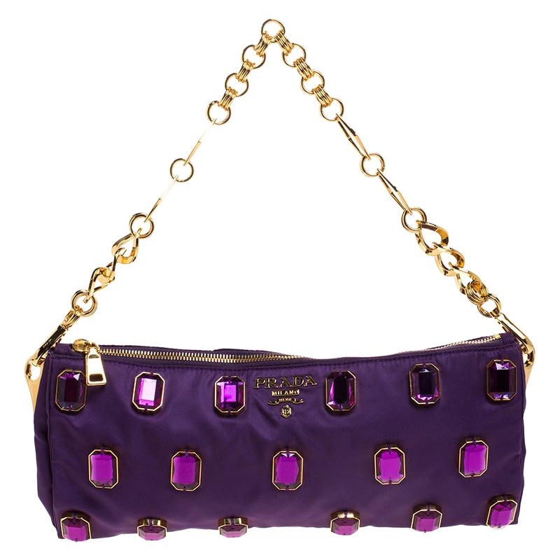 Prada Purple Satin Jeweled Chain Clutch
