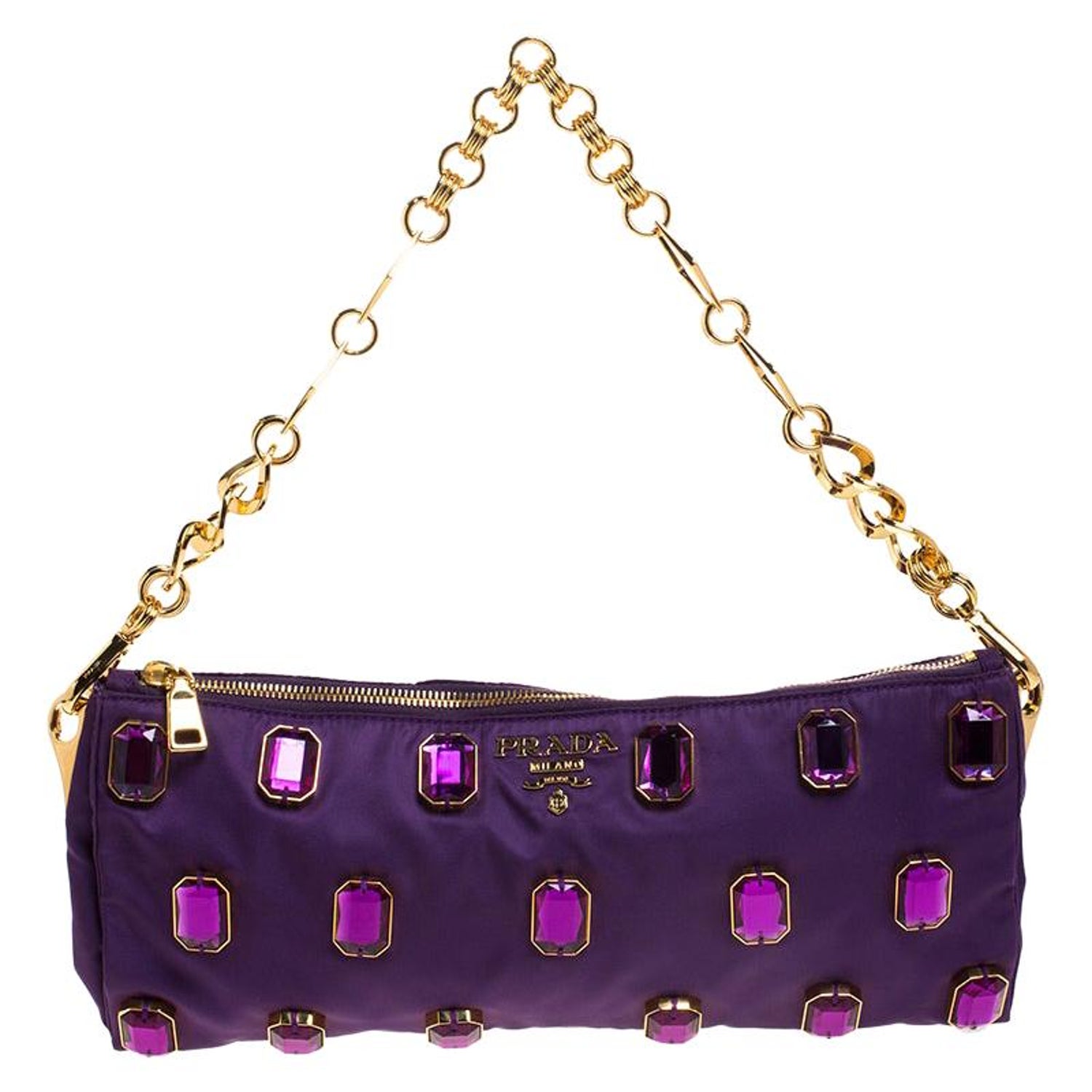 Prada Purple Satin Jeweled Chain Clutch at 1stDibs