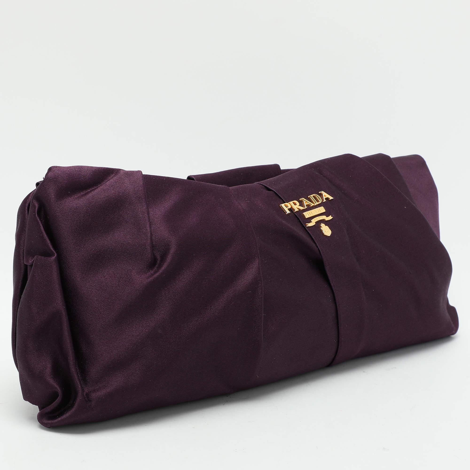 Black Prada Purple Satin Raso Pleated Clutch