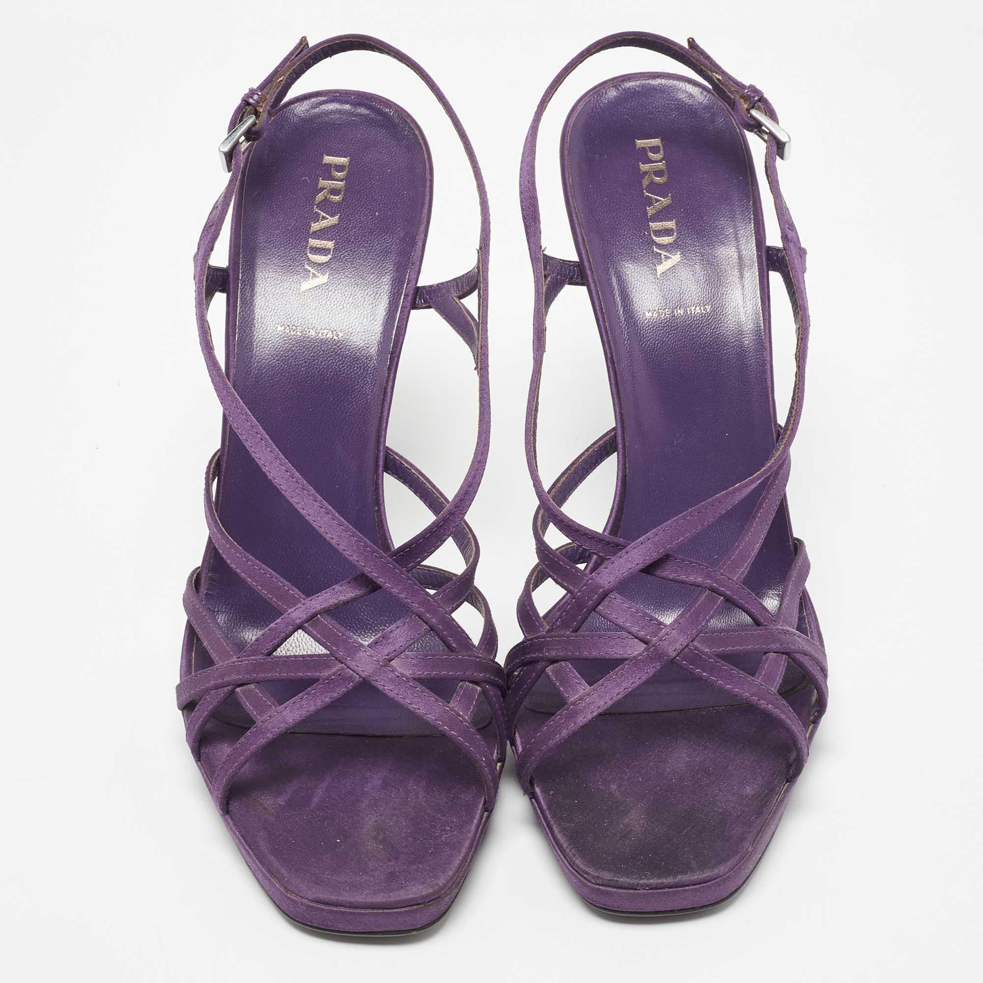 Gray Prada Purple Satin Strappy Slingback Sandals Size 39.5 For Sale