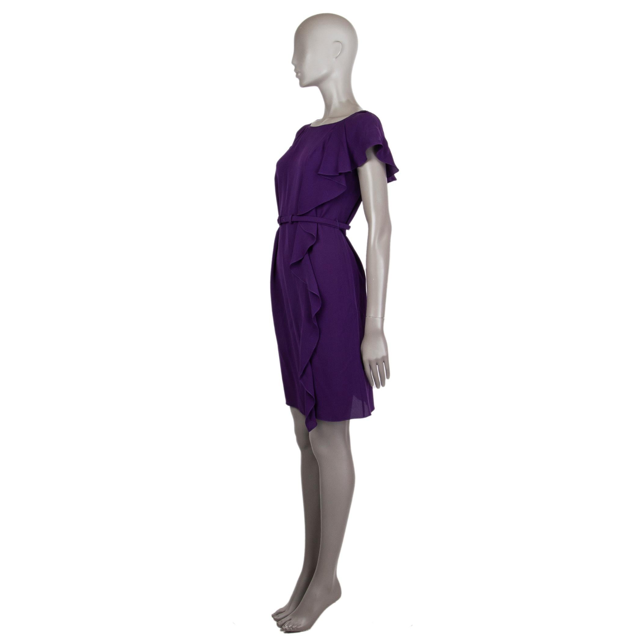 Prada sleeveless dress in grape purple silk (100%) with a straight cut features a belt to create a silhouette. Detailed with a side-ruffle from the left shoulder down to the front. Has been worn and is in excellent condition.

Tag Size 38
Size