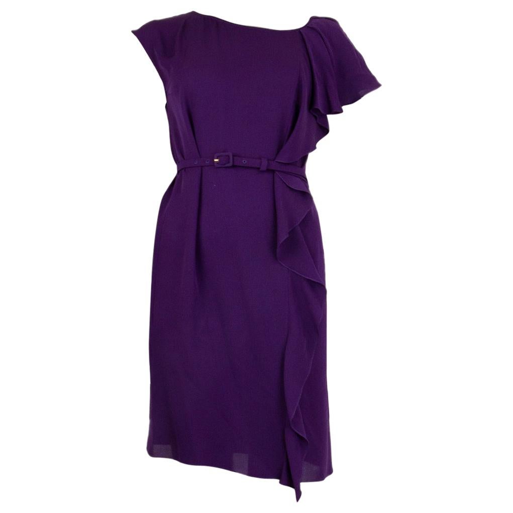PRADA purple silk BELTED RUFFLE Sleeve Dress 38 For Sale