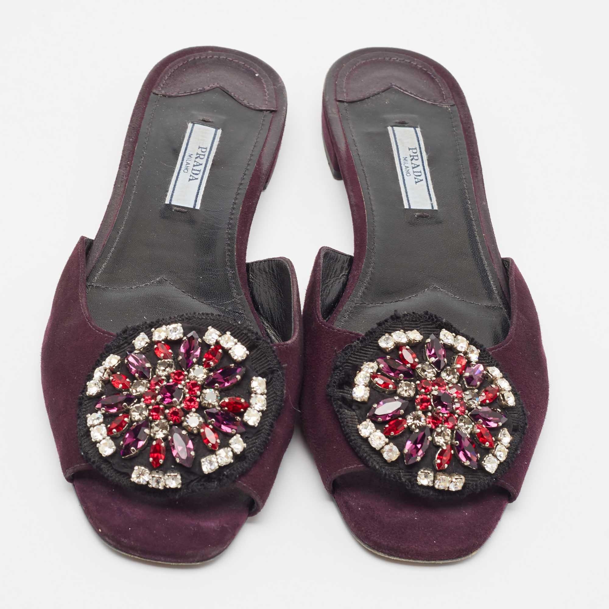 Women's Prada Purple Suede Crystal Embellished Flat Slides Size 39.5 For Sale