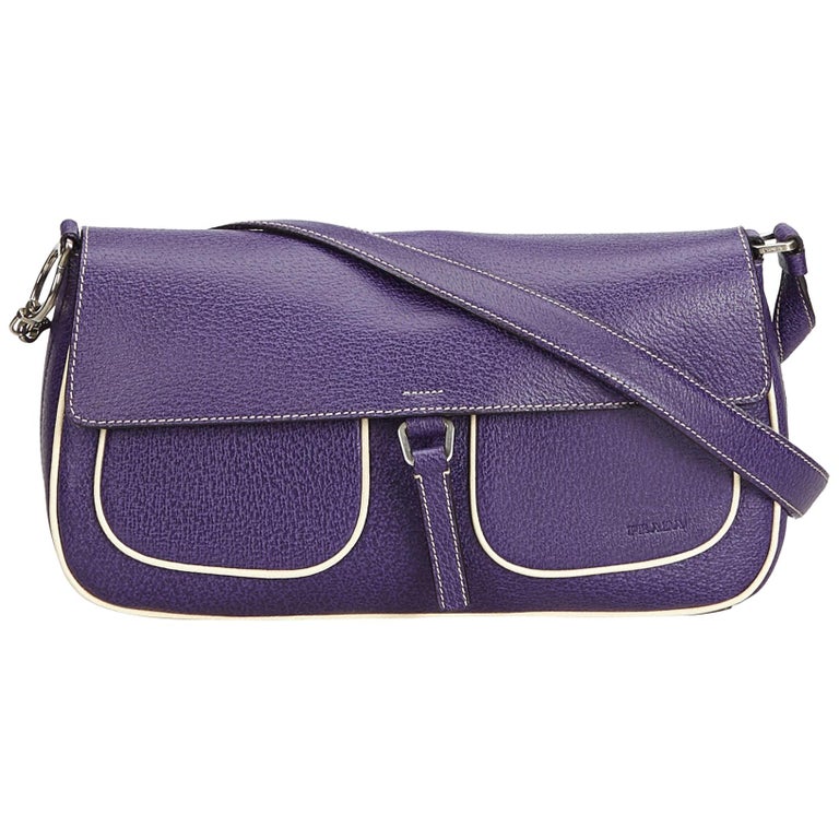 Prada Purple with White Leather Shoulder Bag Italy w/ Dust Bag For Sale