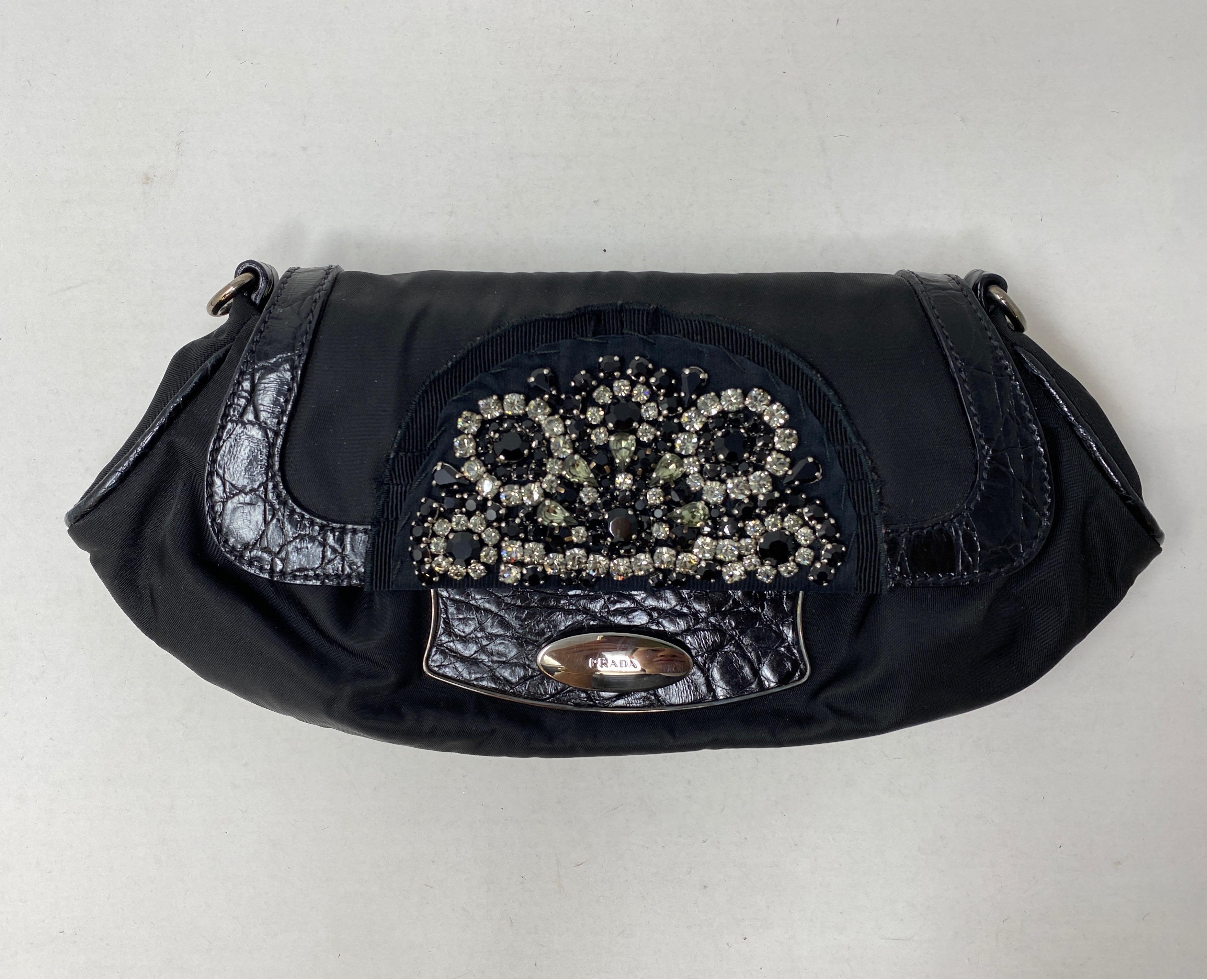 Prada black nylon & leather purse with detachable strap. Stunning beadwork design. Very good condition. Black nylon is back in style. Great for evening or events. Guaranteed authentic. 