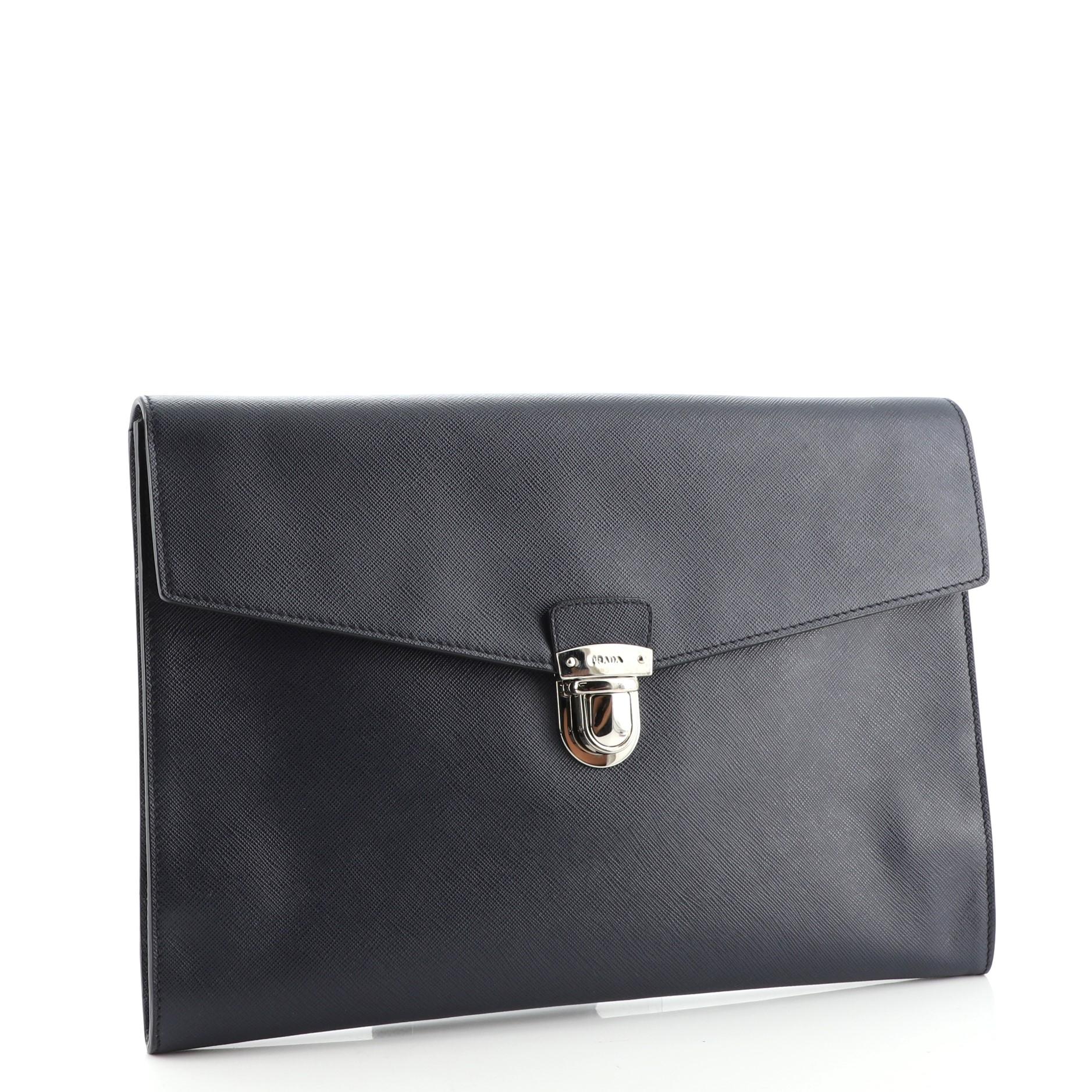 Black Prada Push Lock Portfolio Saffiano Leather Large