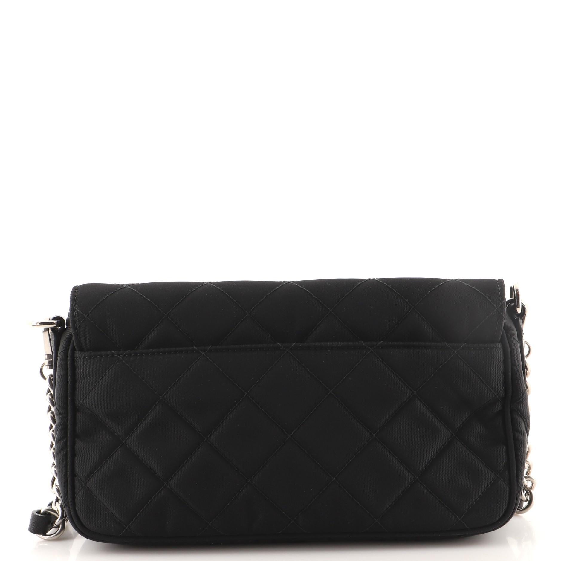 Black Prada Pushlock Chain Flap Bag Quilted Tessuto Small For Sale