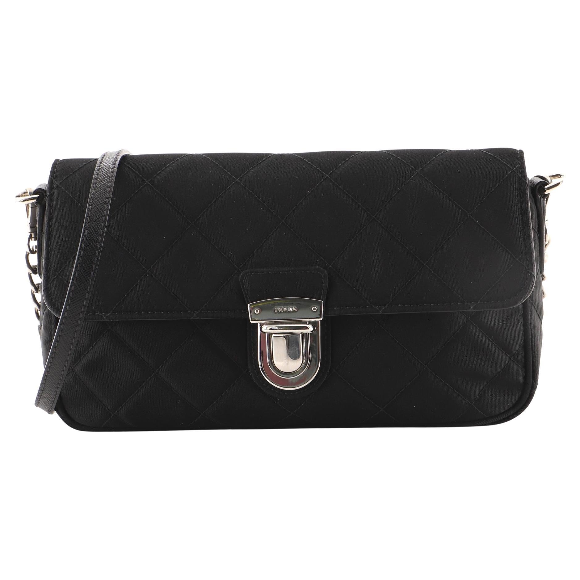 Prada Pushlock Chain Flap Bag Quilted Tessuto Small For Sale