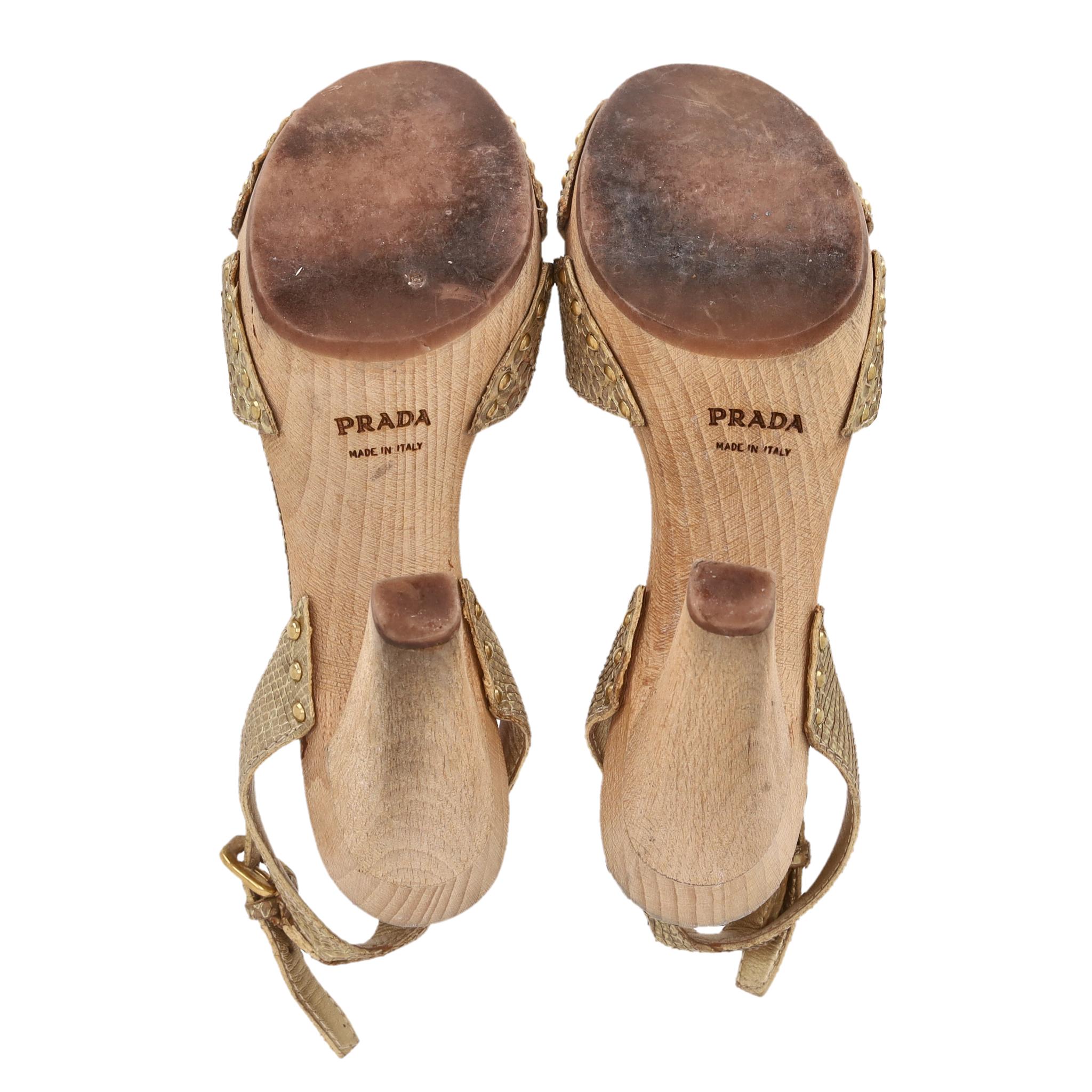 Prada Python Skin Studded Wooden Heel Clog Sandals en vente 1