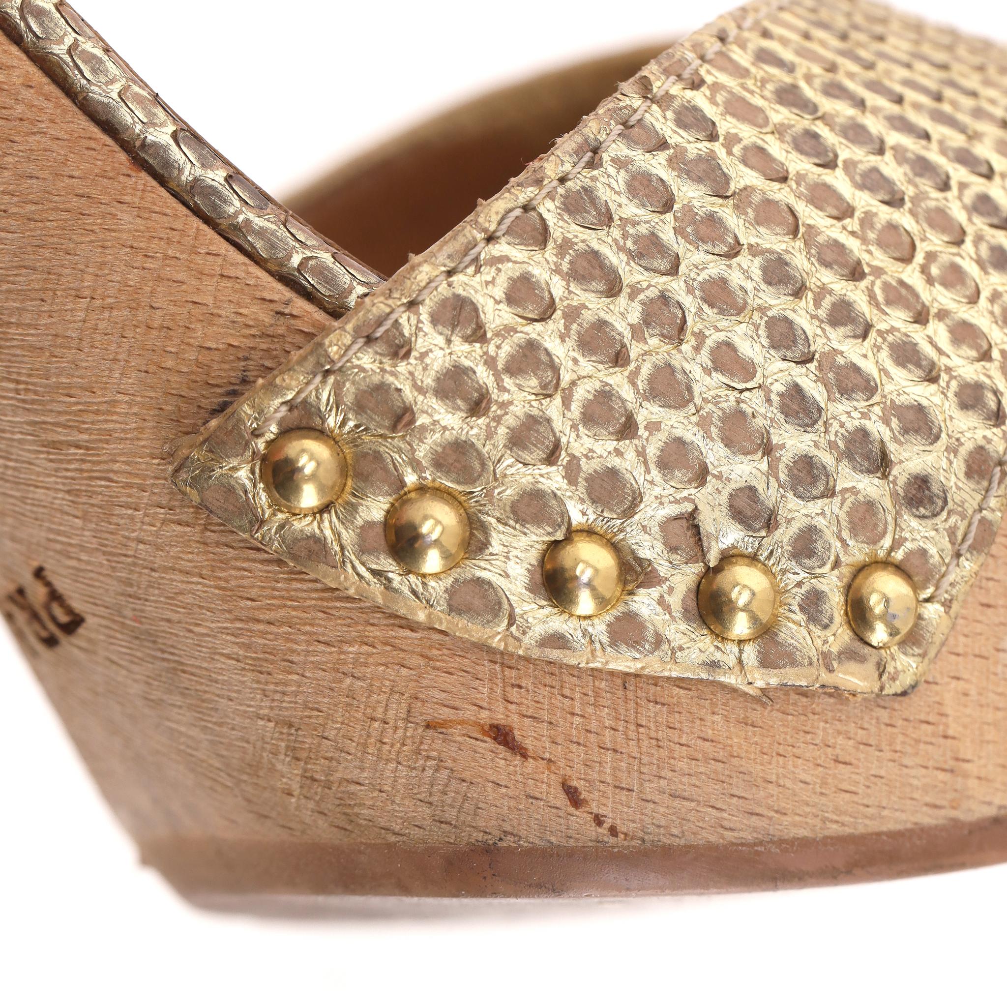 Prada Python Skin Studded Wooden Heel Clog Sandals en vente 3