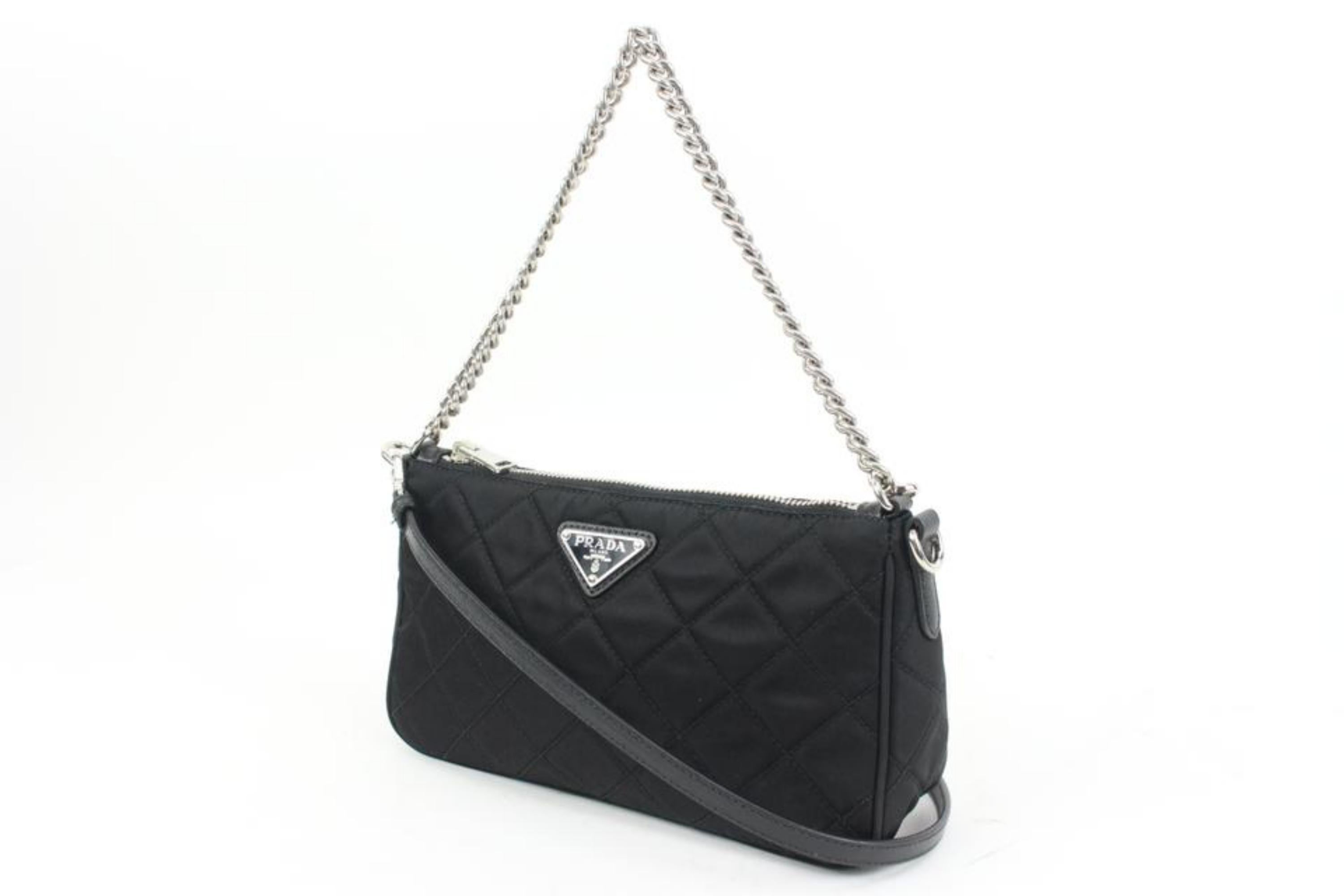 Prada Quilted  Black Tessuto Nylon Chain Impuntu Bandoliera Convertible 2p32
Date Code/Serial Number: 158
Made In: Romania
Measurements: Length:  9