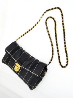 Prada Quilted Chain Flap 228162 Navy Silk Cross Body Bag