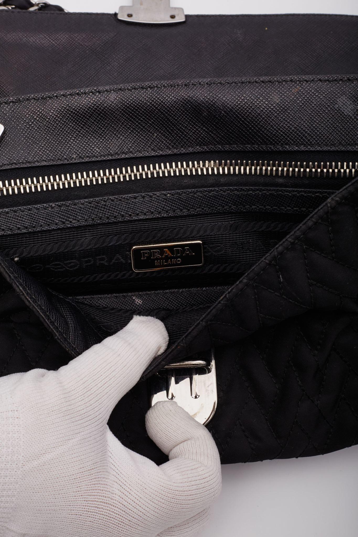 Prada Quilted Saffron & Nylon Impunture Shoulder Bag Black For Sale 7