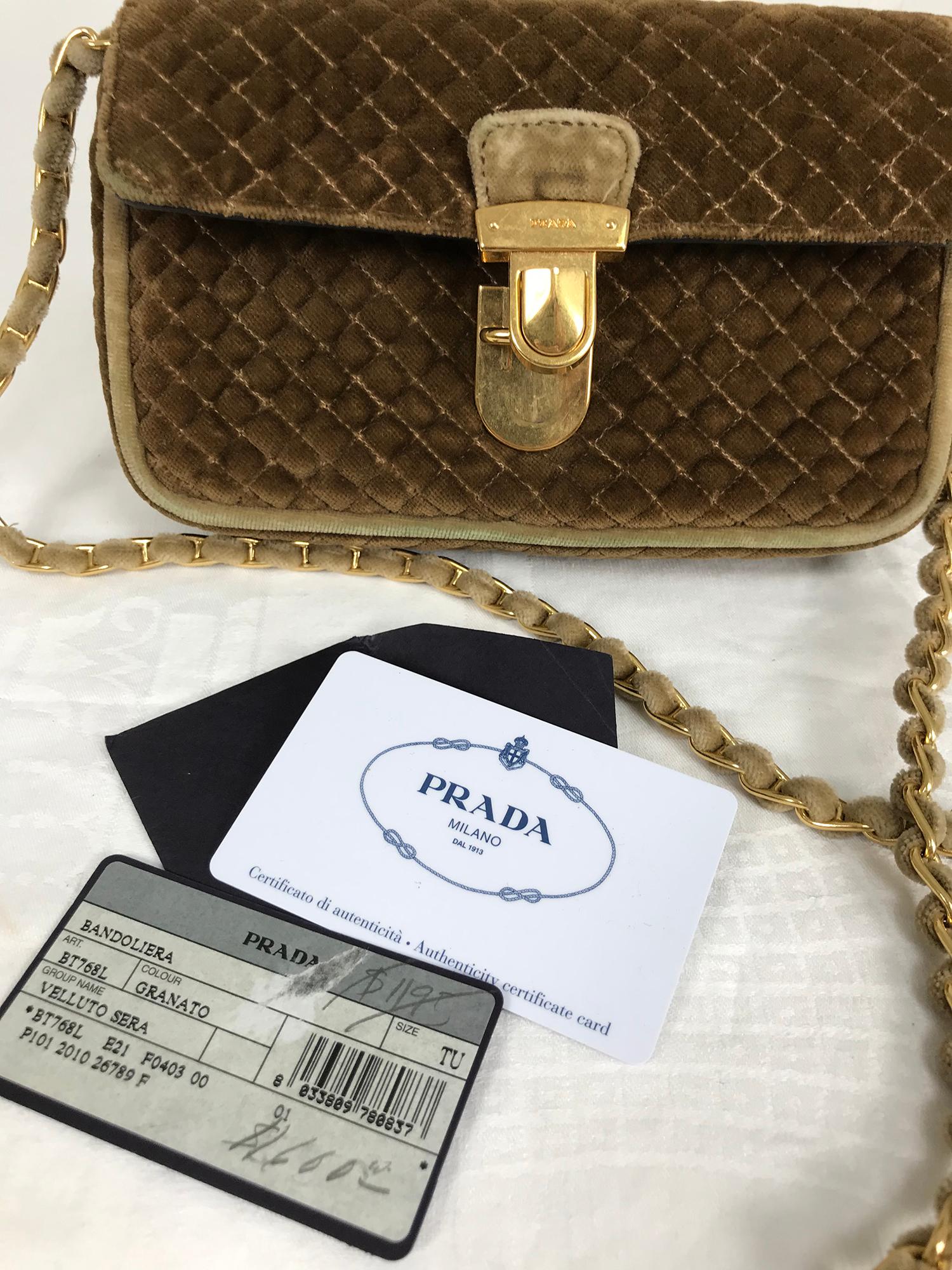 Prada quilted caramel tan velvet flap front, cross body handbag with with coordinating lighter velvet trim and woven through gold metal chain with gold metal logo front closure. The bag is just barely large enough to hold an iPhone 11. In very good