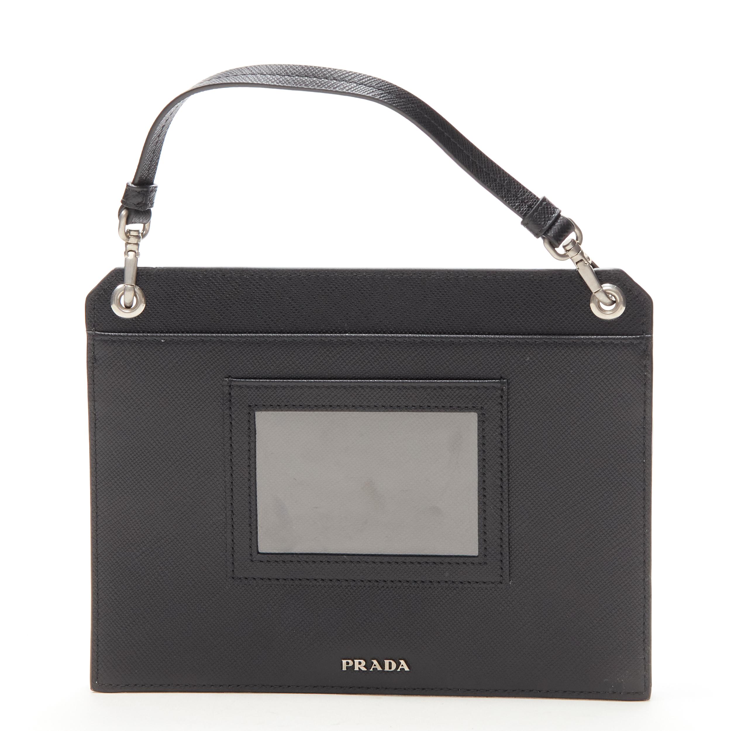 PRADA Racing Graphic Logo black saffiano flap front pocket flat top handle bag In Excellent Condition For Sale In Hong Kong, NT