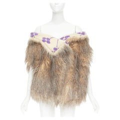 PRADA Raf Simons 2021 Runway brown fur purple floral jacquard clutch shawl IT38