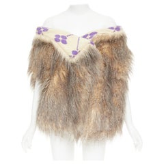 PRADA Raf Simons 2021 Runway brown fur purple floral jacquard clutch shawl IT38