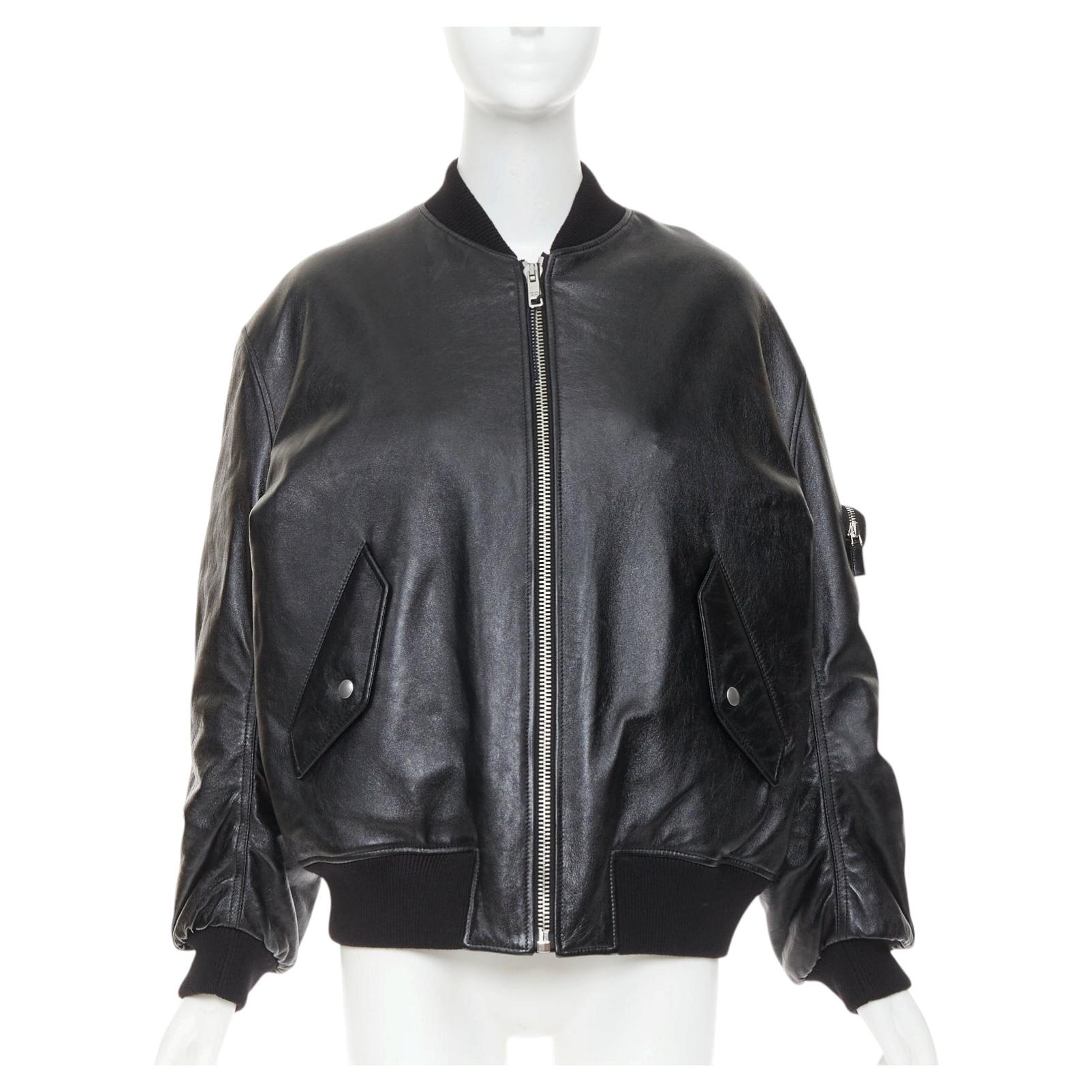 Pre-owned Raf Simons Prada 2021 Runway Lambskin Leather Pouch Oversized Bomber Jacket In Black